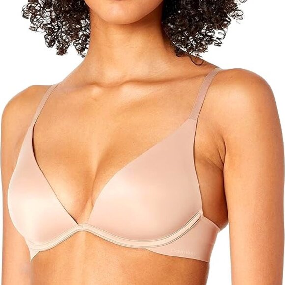 NWT CALVIN KLEIN Liquid Touch Lightly Lined Plunge Bra Honey Almond 30D